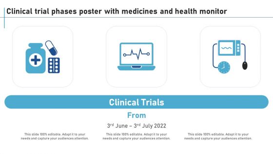 Clinical Trial Phases Poster With Medicines And Health Monitor New Clinical Drug Trial Process Pictures PDF