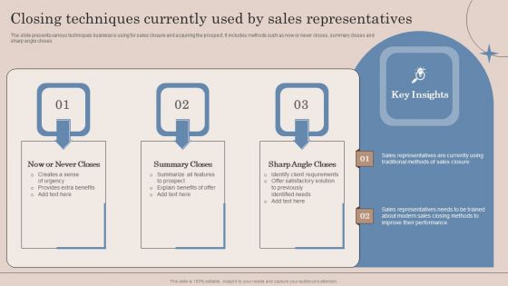 Closing Techniques Currently Used By Sales Representatives Ppt Icon Graphics Pictures PDF