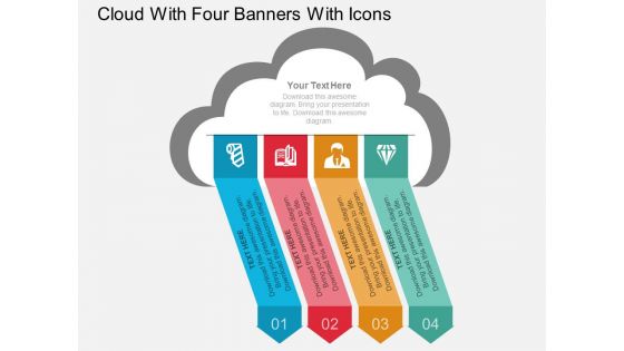 Cloud With Four Banners With Icons Powerpoint Template