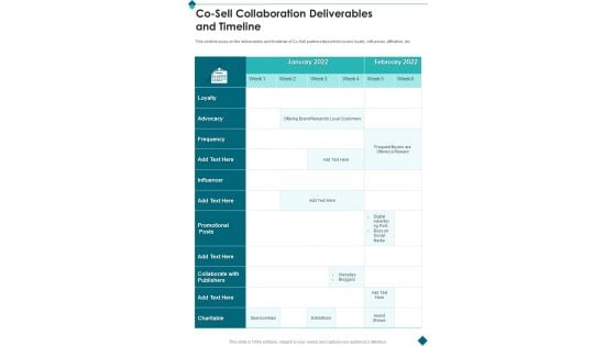 Co Sell Collaboration Deliverables And Timeline One Pager Sample Example Document Co Sell Collaboration Deliverables And Timeline One Pager Sample Example Document