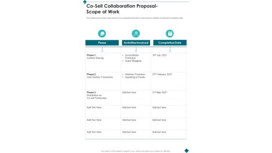 Co Sell Collaboration Proposal Scope Of Work One Pager Sample Example Document