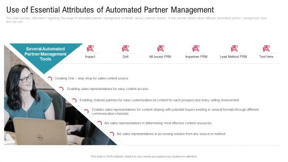 Co Variety Advertisement Use Of Essential Attributes Of Automated Partner Management Infographics PDF