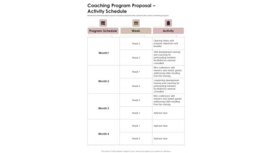 Coaching Program Proposal Activity Schedule One Pager Sample Example Document Coaching Program Proposal Activity Schedule One Pager Sample Example Document