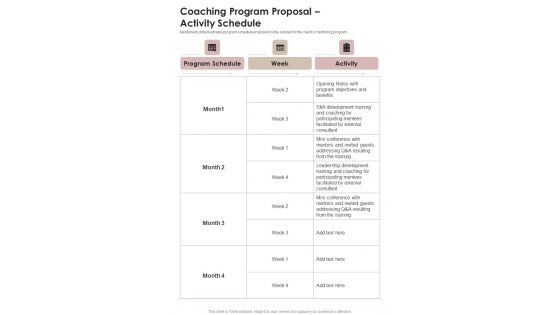 Coaching Program Proposal Activity Schedule One Pager Sample Example Document