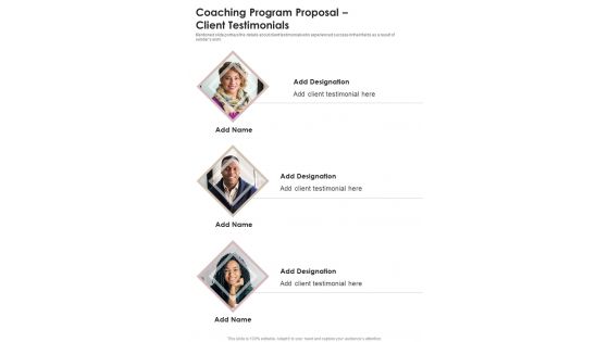 Coaching Program Proposal Client Testimonials One Pager Sample Example Document