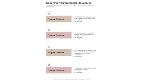 Coaching Program Proposal Coaching Program Benefits To Mentee One Pager Sample Example Document