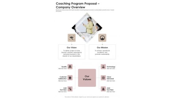 Coaching Program Proposal Company Overview One Pager Sample Example Document