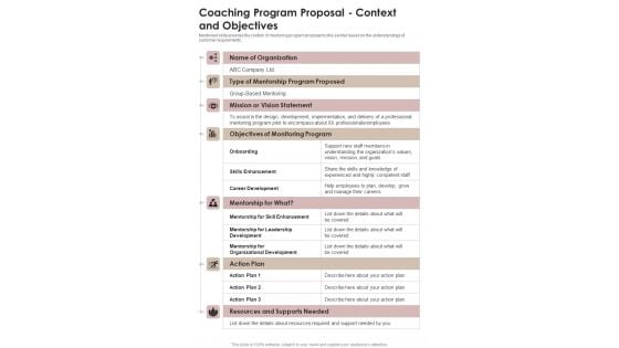 Coaching Program Proposal Context And Objectives One Pager Sample Example Document