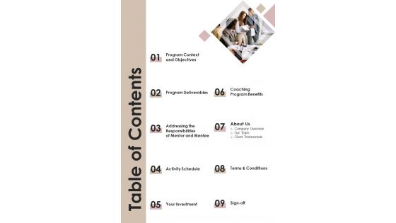Coaching Program Proposal Table Of Contents One Pager Sample Example Document Coaching Program Proposal Table Of Contents One Pager Sample Example Document