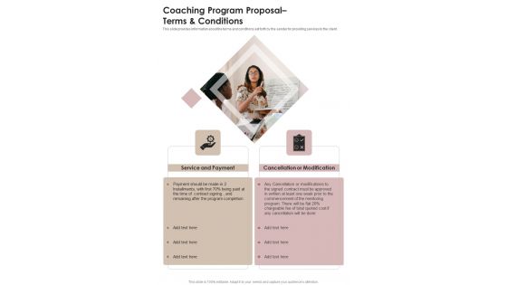 Coaching Program Proposal Terms And Conditions One Pager Sample Example Document