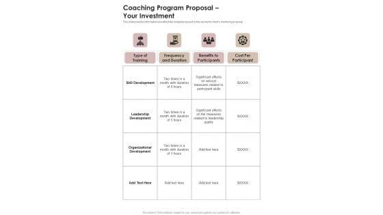 Coaching Program Proposal Your Investment One Pager Sample Example Document