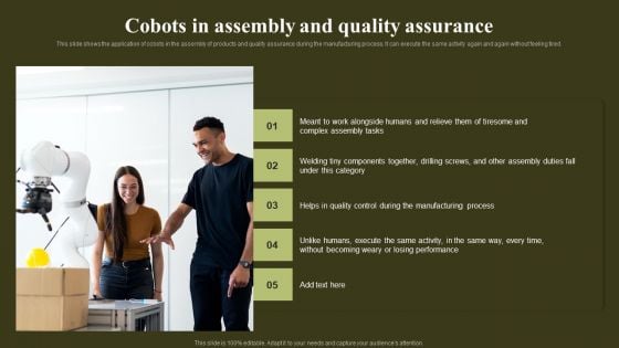 Cobots In Assembly And Quality Assurance Revolutionizing Human Machine Collaboration Cobots Mockup PDF Cobots In Assembly And Quality Assurance Revolutionizing Human Machine Collaboration Cobots Mockup PDF