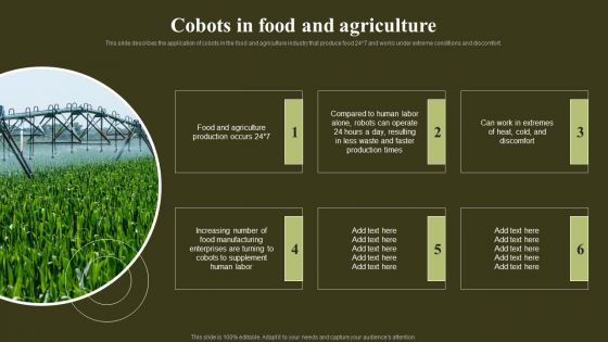 Cobots In Food And Agriculture Revolutionizing Human Machine Collaboration Cobots Brochure PDF Cobots In Food And Agriculture Revolutionizing Human Machine Collaboration Cobots Brochure PDF
