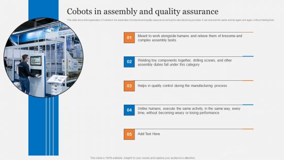 Cobots Usecases In Different Sectors Cobots In Assembly And Quality Assurance Template PDF