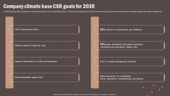 Coffee Cafe Company Profile Company Climate Base CSR Goals For 2030 Infographics PDF Coffee Cafe Company Profile Company Climate Base CSR Goals For 2030 Infographics PDF