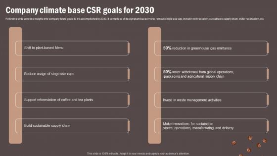 Coffee Cafe Company Profile Company Climate Base CSR Goals For 2030 Infographics PDF