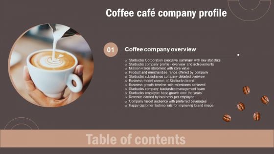 Coffee Cafe Company Profile Table Of Contents Slides PDF