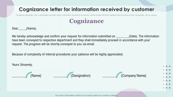 Cognizance Letter For Information Received By Customer Brochure PDF