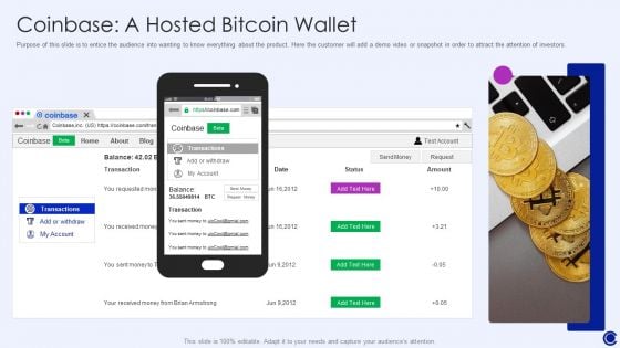 Coinbase Capital Raising Pitch Deck Coinbase A Hosted Bitcoin Wallet Ppt Inspiration Information PDF