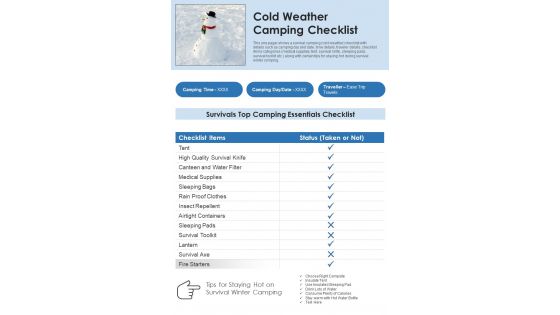 Cold Weather Camping Checklist PDF Document PPT Template