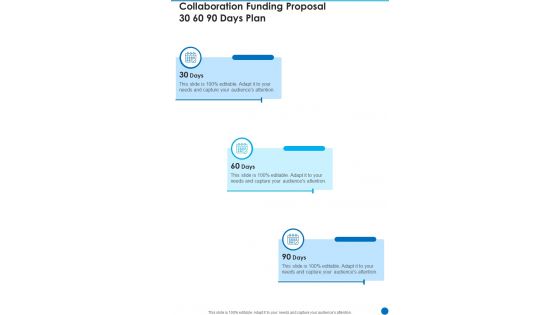 Collaboration Funding Proposal 30 60 90 Days Plan One Pager Sample Example Document Collaboration Funding Proposal 30 60 90 Days Plan One Pager Sample Example Document