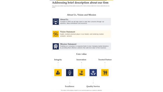 Collaboration Investment Addressing Brief Description About Our Firm One Pager Sample Example Document Collaboration Investment Addressing Brief Description About Our Firm One Pager Sample Example Document