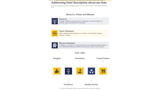 Collaboration Investment Addressing Brief Description About Our Firm One Pager Sample Example Document