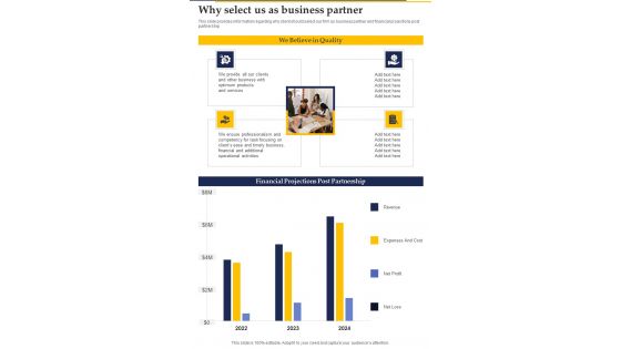 Collaboration Investment Proposal Why Select Us As Business Partner One Pager Sample Example Document