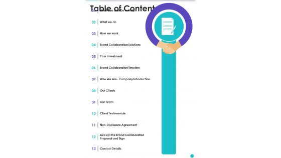 Collaboration Proposal To Partner With Celebrities Table Of Contents One Pager Sample Example Document