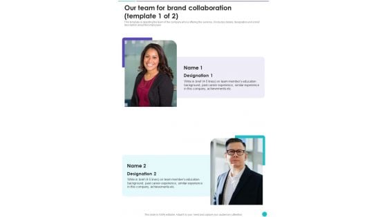 Collaboration To Partner With Celebrities Our Team For Brand One Pager Sample Example Document