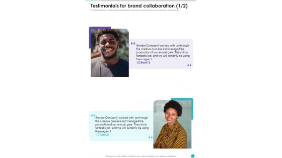 Collaboration To Partner With Celebrities Testimonials For Brand One Pager Sample Example Document