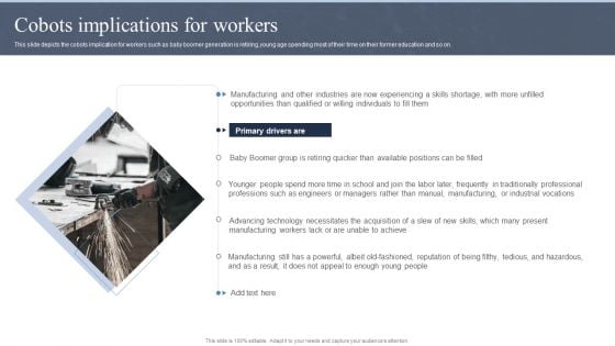 Collaborative Robots IT Cobots Implications For Workers Ppt Inspiration Master Slide PDF