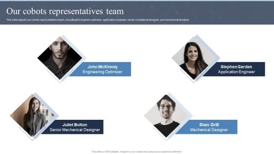 Collaborative Robots IT Our Cobots Representatives Team Ppt Layouts Show PDF Collaborative Robots IT Our Cobots Representatives Team Ppt Layouts Show PDF