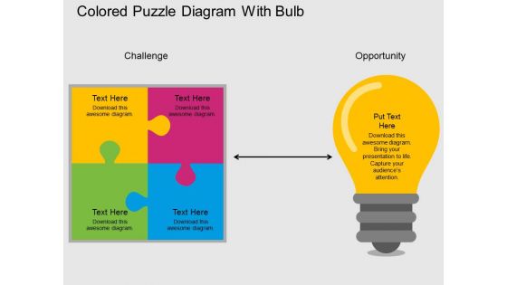 Colored Puzzle Diagram With Bulb Powerpoint Template