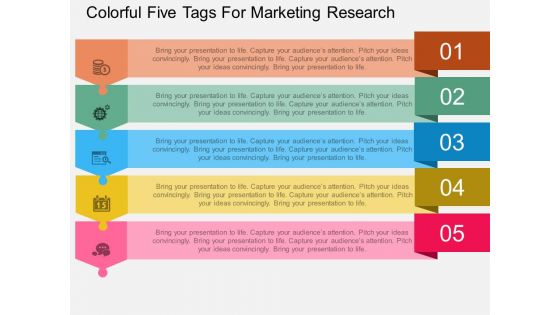 Colorful Five Tags For Marketing Research Powerpoint Template