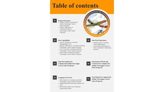 Commercial Airline Passenger Career Sales Proposal Table Of Contents One Pager Sample Example Document Commercial Airline Passenger Career Sales Proposal Table Of Contents One Pager Sample Example Document