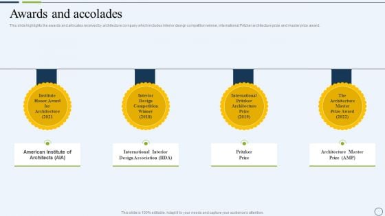 Commercial And Urban Architect Business Profile Awards And Accolades Diagrams PDF