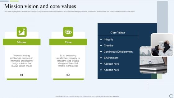 Commercial And Urban Architect Business Profile Mission Vision And Core Values Template PDF