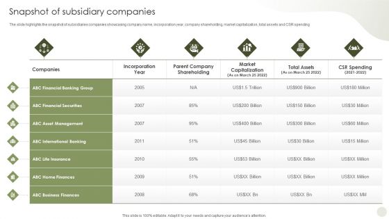 Commercial Bank Financial Services Company Profile Snapshot Of Subsidiary Companies Portrait PDF