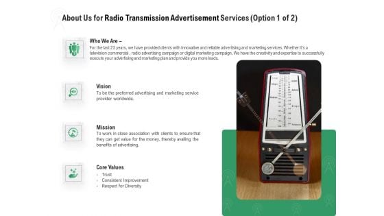 Commercial Broadcasting About Us For Radio Transmission Advertisement Services Mission Themes PDF