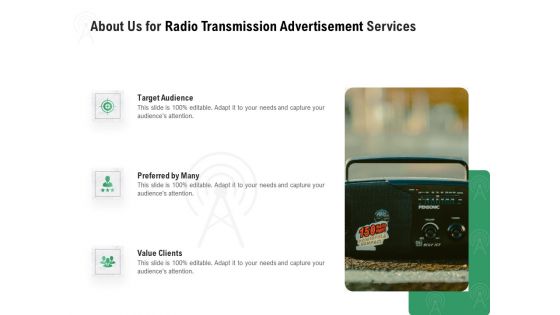 Commercial Broadcasting About Us For Radio Transmission Advertisement Services Summary PDF