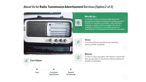 Commercial Broadcasting About Us For Radio Transmission Advertisement Services Vision Diagrams PDF