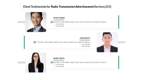 Commercial Broadcasting Client Testimonials For Radio Transmission Advertisement Services Audience Icons PDF