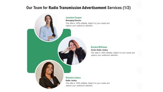 Commercial Broadcasting Our Team For Radio Transmission Advertisement Services Audience Themes PDF