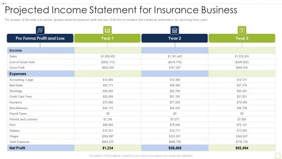 Commercial Insurance Solutions Strategic Plan Projected Income Statement For Insurance Slides PDF