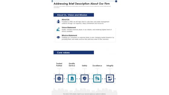 Commercial Property Addressing Brief Description About Our Firm One Pager Sample Example Document Commercial Property Addressing Brief Description About Our Firm One Pager Sample Example Document