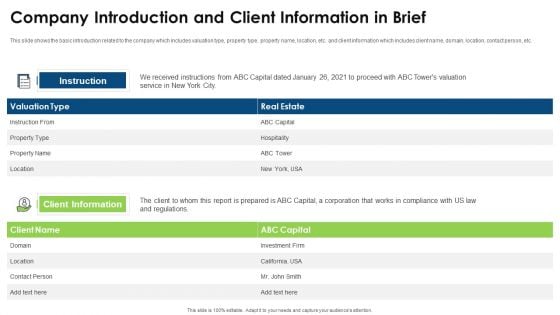 Commercial Property Evaluation Techniques Company Introduction And Client Information In Brief Topics PDF