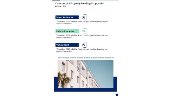 Commercial Property Funding Proposal About Us One Pager Sample Example Document