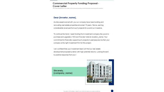 Commercial Property Funding Proposal Cover Letter One Pager Sample Example Document