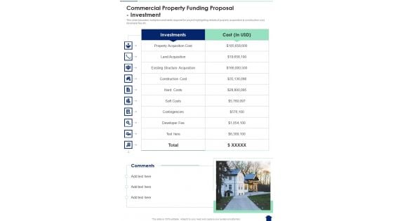 Commercial Property Funding Proposal Investment One Pager Sample Example Document